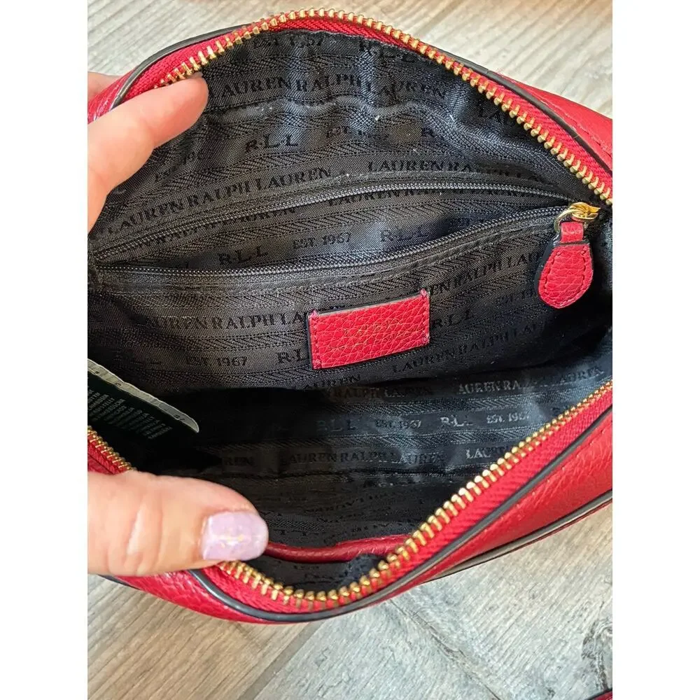 Lauren Ralph Lauren Red Pebbled Vegan Leather Camera Crossbody Purse Gold Logo